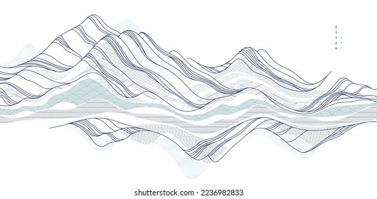Abstract oriental Japanese art vector background, traditional style design, wavy shapes and mountains terrain landscape, runny like sea lines.