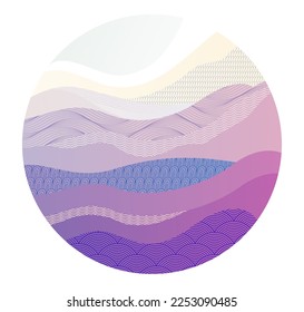 Abstract oriental Japanese art vector background in a shape of circle, traditional style design, wavy shapes and mountains terrain landscape, runny like sea lines.
