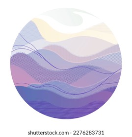 Abstract oriental Japanese art vector background in a shape of circle, traditional style design, wavy shapes and mountains terrain landscape, runny like sea lines.