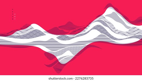 Abstract oriental Japanese art vector background in red color, traditional style design, wavy shapes and mountains terrain landscape, runny like sea lines.