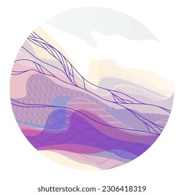 Abstract oriental Japanese art vector background in a shape of circle, traditional style design, wavy shapes and mountains terrain landscape, runny like sea lines.