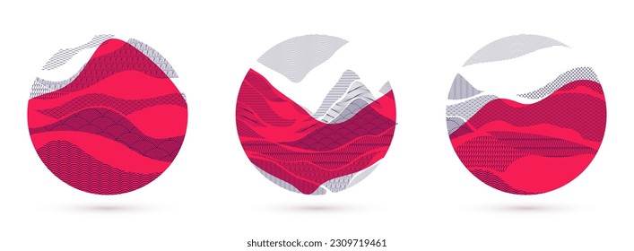 Abstract oriental Japanese art vector backgrounds set in red color in shape of circle, traditional style design, wavy shapes and mountains terrain landscape, runny like sea lines.