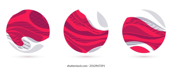Abstract oriental Japanese art vector backgrounds set in red color in shape of circle, traditional style design, wavy shapes and mountains terrain landscape, runny like sea lines.