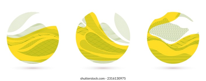 Abstract oriental Japanese art vector backgrounds set in yellow color in shape of circle, traditional style design, wavy shapes and mountains terrain landscape, runny like sea lines.