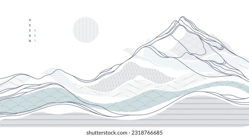 Resumen de fondo vectorial de arte oriental japonés, diseño de estilo tradicional, formas onduladas y paisajes montañosos, como líneas marinas.