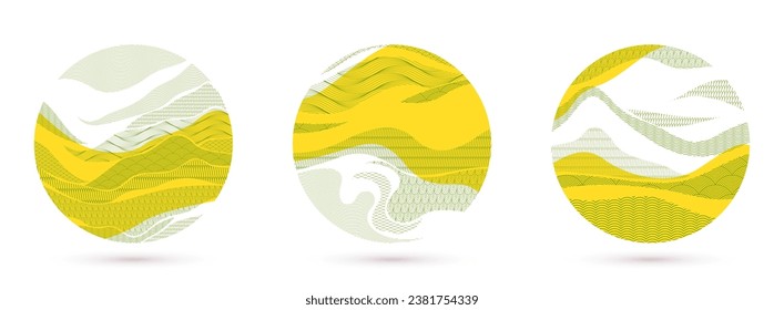 Abstract oriental Japanese art vector backgrounds set in yellow color in shape of circle, traditional style design, wavy shapes and mountains terrain landscape, runny like sea lines.