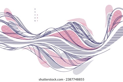 Abstract oriental Japanese art vector background, traditional style design, wavy shapes and mountains terrain landscape, runny like sea lines.