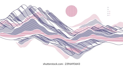 Abstract oriental Japanese art vector background, traditional style design, wavy shapes and mountains terrain landscape, runny like sea lines.