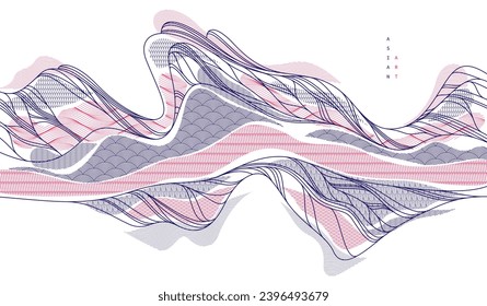 Resumen de fondo vectorial de arte oriental japonés, diseño de estilo tradicional, formas onduladas y paisajes montañosos, como líneas marinas.