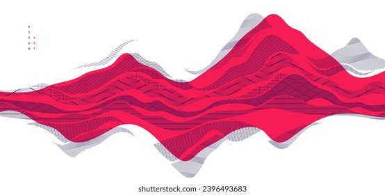 Abstract oriental Japanese art vector background in red color, traditional style design, wavy shapes and mountains terrain landscape, runny like sea lines.