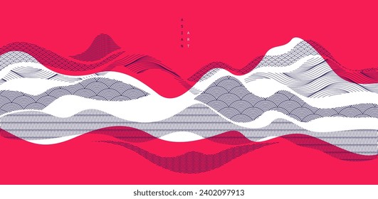 Abstract oriental Japanese art vector background in red color, traditional style design, wavy shapes and mountains terrain landscape, runny like sea lines.