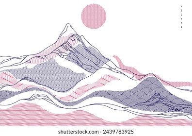 Abstract oriental Japanese art vector background, traditional style design, wavy shapes and mountains terrain landscape, runny like sea lines.