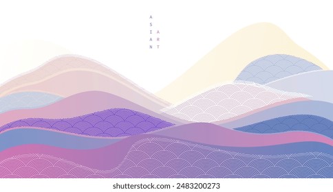 Abstract oriental Japanese art vector background, traditional style design, wavy shapes and mountains terrain landscape, runny like sea lines.