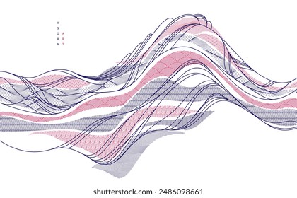 Abstract oriental Japanese art vector background, traditional style design, wavy shapes and mountains terrain landscape, runny like sea lines.