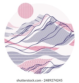 Abstract oriental Japanese art vector background in a shape of circle, traditional style design, wavy shapes and mountains terrain landscape, runny like sea lines.