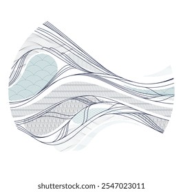 Abstract oriental Japanese art vector background in a shape of circle, traditional style design, wavy shapes and mountains terrain landscape, runny like sea lines.