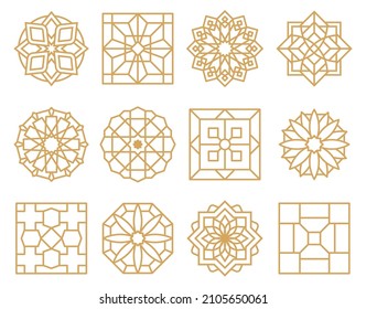 Resumen de los emblemas enmarcados con oro árabes musulmanes orientales. Arábico tradicional arábigo de lujo arábigo conjunto de ilustraciones vectoriales. Rosette de diseño dorado de estilo oriental. Abreviado musulmán