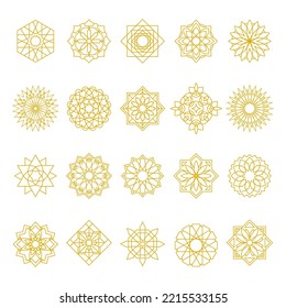 Abstract oriental muslim arabic golden framed emblems. Traditional ornamental arabic luxury frames set. Oriental style gold outline rosettes. Muslim ornament abstract. Vector illustration