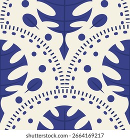 Abstract oriental seamless pattern with monstera leaves, damask ornament, arched print, hand drawn Indian natural textile design blue and white wallpaper