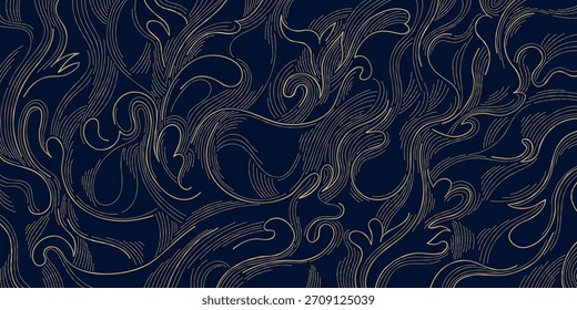 Vetor oriental abstrato fundo, ondas fluindo, ouro no azul tradicional chinês, design japonês. Contorno elegante, textura de tinta, formas de nuvens. Cartaz de luxo, quadro decorativo, papel de parede da natureza