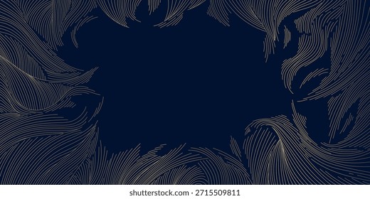 Abstractas fondo de Vector oriental, ondas que fluyen, oro sobre azul tradicional chino, diseño japonés. Contorno elegante, textura de la tinta, Formas de la nube. Cartel de lujo, marco decorativo, adorno de invierno de escarcha
