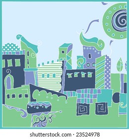 Abstract oriental village in onamental fairytale style with patterns. Vector