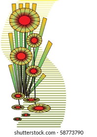 Abstract oriental water flowers and reed grass on white background