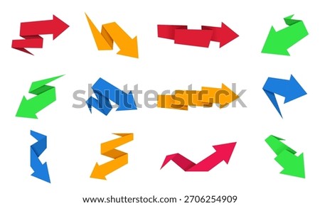 Abstract origami arrows. Cartoon arrow shapes, 3D direction paper retro symbols, navigation sign, pointer and color motion element. Vector isolated set.
