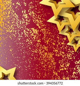 Abstract Origami Gold Stars on red vector background. Cosmic falling shining stars. Trendy Illustration for design