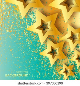 Abstract Origami Gold Stars on blue vector background. Cosmic falling shining stars. Trendy Illustration for design