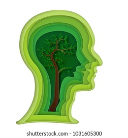 Abstract origami layer of human head and tree brain on green background as business, science, ecology idea, paper carve art and craft style concept. vector illustration.