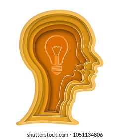 Abstract origami layer of human head and light bulb brain on orange background as business, science,intelligence idea, paper carve art and craft style concept. vector illustration.