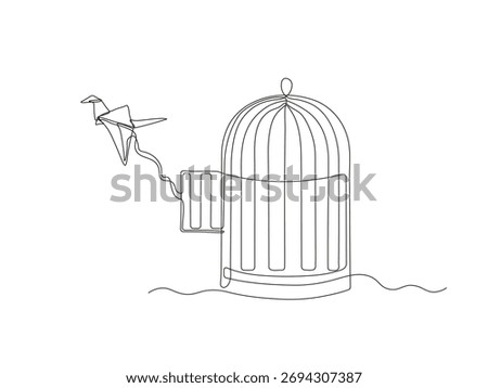 An abstract origami paper bird flies out of cage, birdcage, continuous single one line art hand drawing sketch, logo on white background