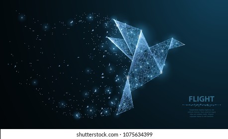 Abstract origami paper bird. Polygonal wireframe mesh looks like constellation on dark blue night sky with dots and stars. Asia, japan art, origami, peace concept illustration or background