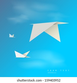 Abstract origami paper birds with beautiful blue sky with realistic clouds  Eps 10 vector illustration 
