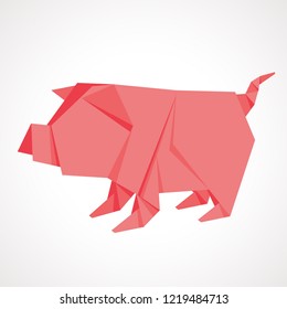 Abstract origami pig made of pink folded paper illustration. symbol 2019