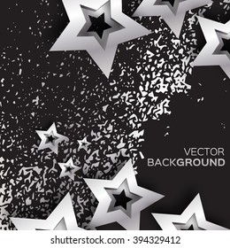 Abstract Origami Silver Stars on black vector background. Cosmic falling shining stars. Trendy Illustration for design