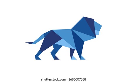 Abstract, origami of standing lion with light and dark shades of blue isolated against a white background. Vector has a flat design. Great for icons and logo designs.