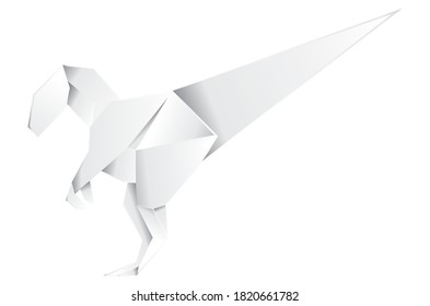 Abstract origami velociraptor, white paper folding dinosaur design.