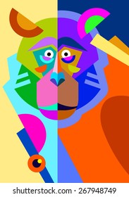 abstract original monkey drawing in flat style and pop art, animal portrait colored vector illustration