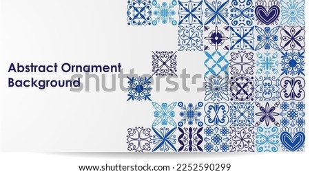 Abstract ornament background. Horizontal web banner. Poster template. Blue and white tiles ornament. mediterranean or morocco mosaic design. Arabesque tilework decoration. Vector illustration