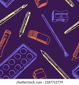 Abstract Ornament Of Beginner Artist Supplies. Paints, Pencils, Paint Brushes, Sharpener In Retro Sketch Style. Hand Drawn Vector Seamless Pattern For Design, Wallpaper, Decor.