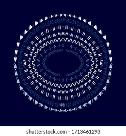 Abstract ornament in circle. Decorative design element. Ethnic style ornamental shape on dark background. Colorful doodle round detail.