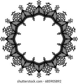 Abstract ornament in circle. Round black frame. Decorative lace pattern. Element for design of stickers, prints, invitations, scrapbook, wall art, clothes. Vector illustration. Vintage element.  