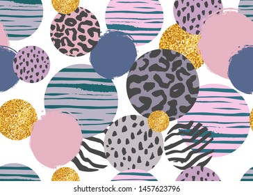 Abstract ornament of circles, animal skin and brush strokes, glitter texture, seamless pattern