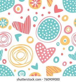 Abstract ornament with circles and hearts. Vector seamless background in pastel colors.
