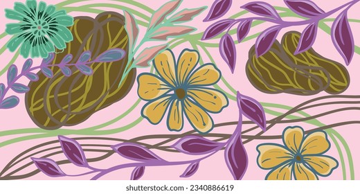 Abstract ornament with curved lines, flowers, leaves. Suitable for use as a graphic resource