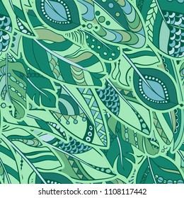 Abstract ornament feather seamless pattern in tribal style with marine green colors in vector graphic illustration