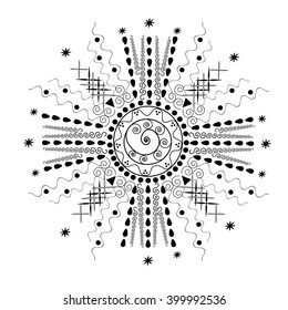 Abstract ornament in the form of the sun with rays of graphical elements. Black contour lines on a white background
