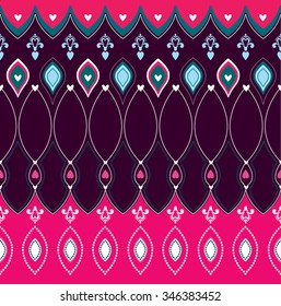 Abstract ornament for girls. Seamless pattern on pink and purple background with dots and hearts